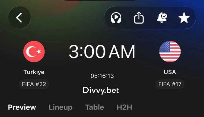 A mobile app screen from Divvy.bet shows a live match between Turkiye (FIFA #22) and USA (FIFA #17) at 3:00 AM with 5:16:13 elapsed, accompanied by navigation options for Preview, Lineup, Table, and H2H. The image illustrates the betting platform being promoted in the post, which encourages users to place bets on Divvy and guess the correct score for a chance to win $50.
