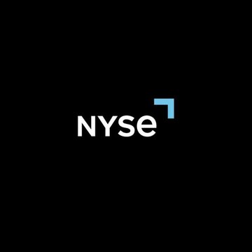 The image displays the NYSE (New York Stock Exchange) logo in white text on a black background, accompanied by its signature blue corner accent. This logo represents the stock exchange's partnership with Blockchain.com, as announced in the news of their collaboration to offer tokenized U.S. stocks and ETFs to over 44 million users globally.