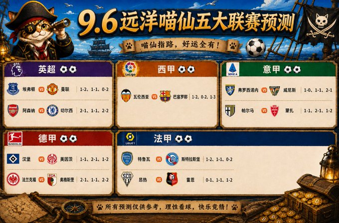 A Chinese-language sports prediction graphic titled '9.6 远洋喵仙五大联赛预测' showing match predictions for Premier League (英超), La Liga (西甲), Serie A (意甲), Bundesliga (德甲), and Ligue 1 (法甲) with team logos and scores, featuring a pirate cat mascot.