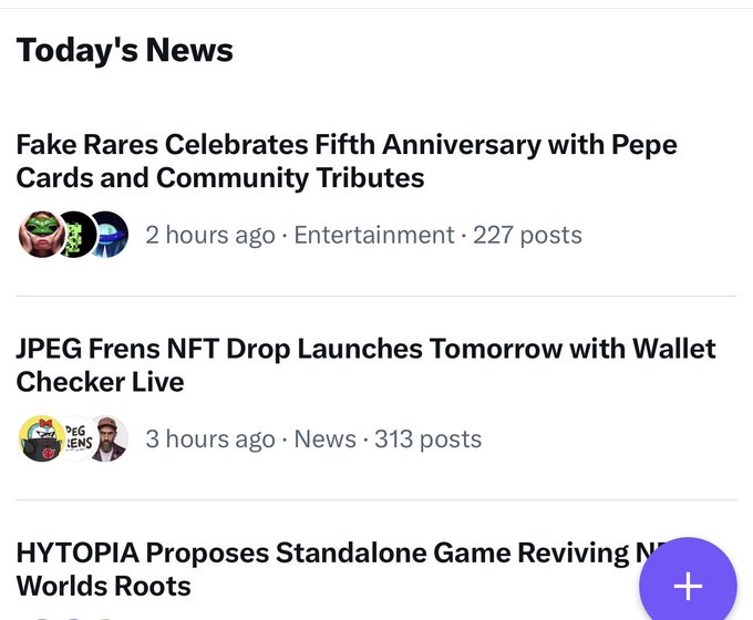 A news feed titled 'Today's News' featuring headlines including 'Fake Rares Celebrates Fifth Anniversary with Pepe Cards and Community Tributes,' 'JPEG Frens NFT Drop Launches Tomorrow with Wallet Checker Live,' and 'HYTOPIA Proposes Standalone Game Reviving Non Worlds Roots.'