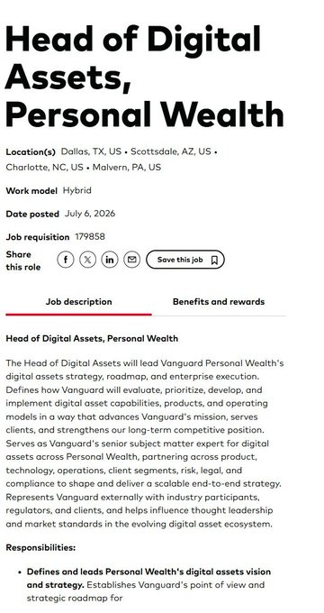 Job listing for 'Head of Digital Assets, Personal Wealth' at Vanguard, posted July 6, 2026, with locations including Dallas, Scottsdale, Charlotte, and Malvern.