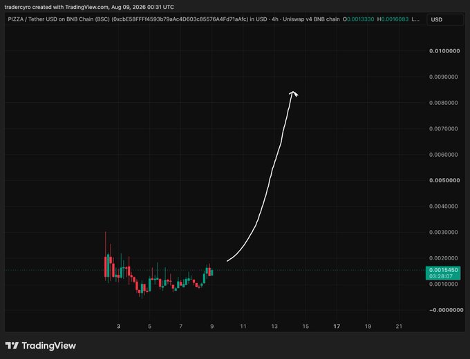 A TradingView 4-hour candlestick chart for PIZZA/Tether USD on BNB Chain (BSC) showing a sharp upward trend with a hand-drawn white arrow indicating predicted price growth from around 0.002 to 0.009.