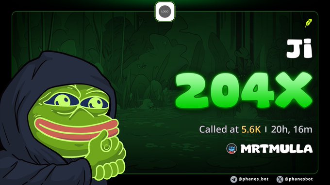 A Pepe the Frog meme in a green hood giving a thumbs up next to text reading '204X' and 'Called at 5.6K | 20h, 16m' with the username '@phanes_bot' by MRTMULLA.