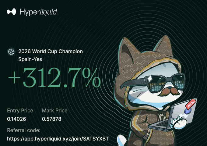 A Hyperliquid promotional graphic featuring a cartoon cat in a hoodie with binary code sunglasses, advertising a '2026 World Cup Champion Spain-Yes' position with a +312.7% gain, entry price 0.14026, and referral code SATSYXBT.