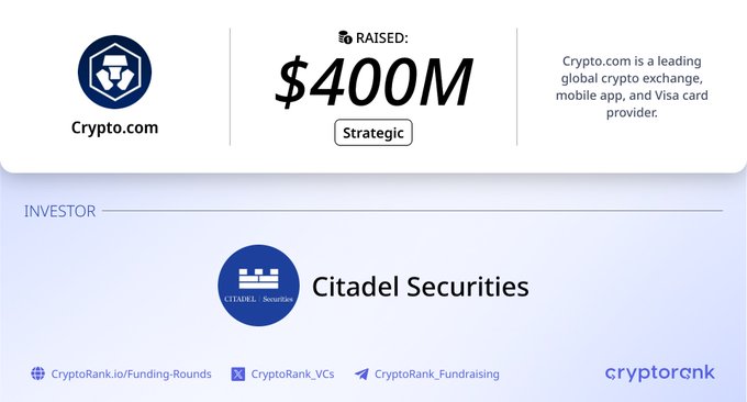 Crypto.com raised $400M in a strategic funding round with Citadel Securities as an investor, as shown in this CryptoRank graphic highlighting the company's $20B valuation.