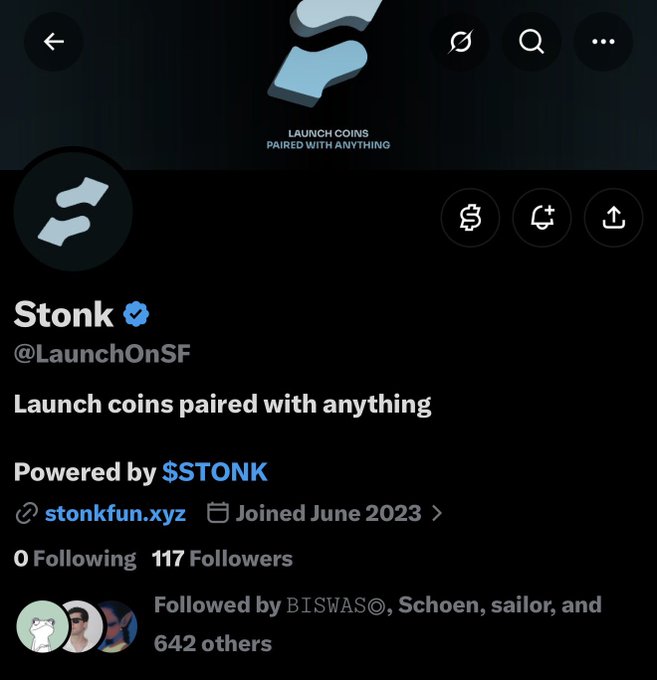 A social media profile page for 'Stonk' (@LaunchOnSF) with a blue sock logo, describing 'Launch coins paired with anything', powered by $STONK, with 117 followers.