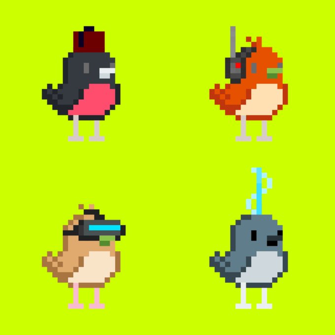 Four pixel-art bird characters with various accessories (top hat, headphones, VR headset) against a bright green background.