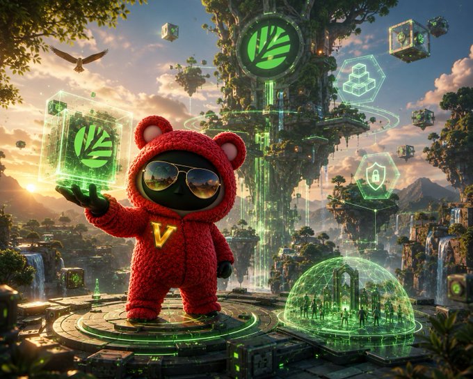A red bear mascot wearing sunglasses and a "V" emblem stands confidently on a glowing platform, projecting a green holographic cube with a leaf icon, set against a lush, floating island world filled with digital and nature elements. The image captures the post's theme of long-term vision and builder empowerment, with the bear symbolizing a confident guide ("V" for visionary) orchestrating sovereign chain creation in an expansive, tech-driven ecosystem that mirrors CNPYNetwork's focus on sustainable, foundational blockchain development.
