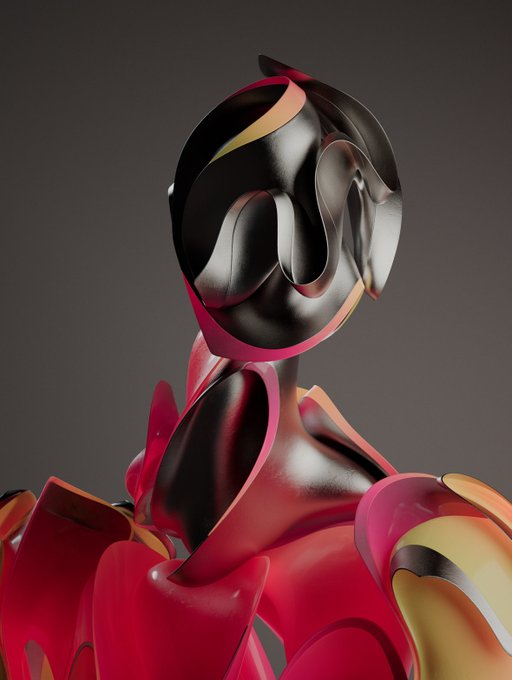 A surreal digital artwork of a glossy humanoid figure with a chrome-like black and red metallic body and an obscured, distorted face, set against a neutral gray background.