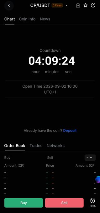 A screenshot of a crypto trading app showing a CP/USDT trading pair with a countdown timer at 04:09:24 until opening on 2026-09-02 16:00 UTC+1, with empty order book fields.