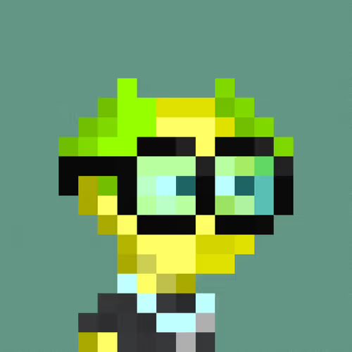 A pixel art portrait of a character with green spiky hair wearing yellow and black clothing, displayed on a teal background.