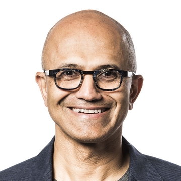 The image shows a smiling, bald man with glasses wearing a dark blazer against a white background—appearing to be Satya Nadella, Microsoft's CEO, who is set to attend the Trump-Xi state dinner alongside other tech leaders.