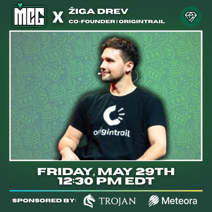 The image features a man wearing a black t-shirt with white text that says "OrginTrail". He appears to be sitting down, possibly at a conference or event. The background of the image has a green color scheme with various shapes and designs scattered throughout. In the bottom right corner of the image, there is a postcard with information about an upcoming event called "DKG V10" that includes details such as the time, location, and sponsors.