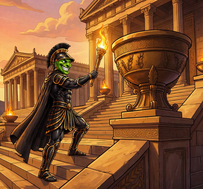 An illustrated scene of a green-masked warrior in black and gold Roman-style armor holding a flaming torch on the steps of an ancient Greek temple with columns and a large golden urn.