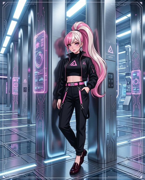An anime-style illustration of a young woman with pink and white hair in a high ponytail, wearing a black cropped jacket and pants with pink accents, standing in a futuristic cyberpunk corridor with neon-lit panels and screens.