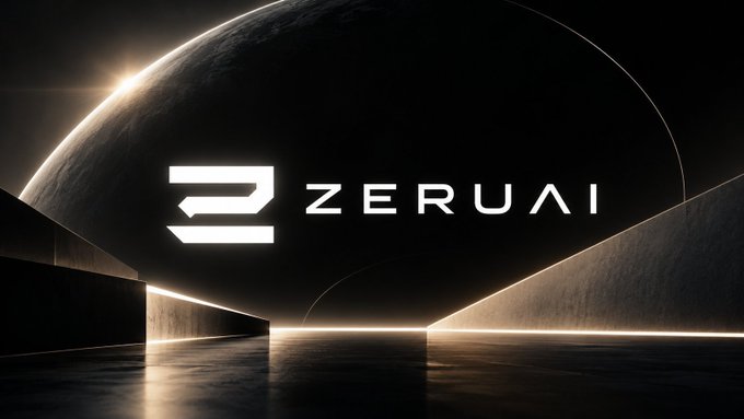 A dark futuristic logo scene shows the word "ZERUAI" beside a stylized emblem, set against a large planet-like sphere and illuminated angular architecture.