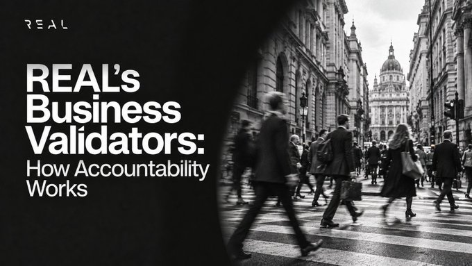 A black-and-white image showing a busy city street with pedestrians crossing, overlaid with white text reading 'REAL's Business Validators: How Accountability Works' and a small 'REAL' logo.