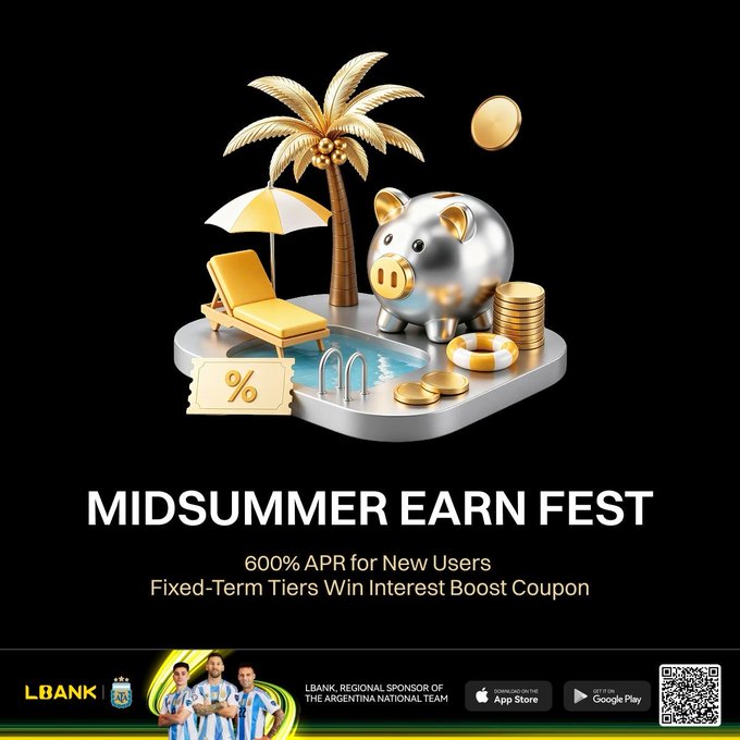 A promotional advertisement for 'MIDSUMMER EARN FEST' by LBANK, featuring 3D graphics of a piggy bank, palm tree, and pool, advertising '600% APR for New Users' and 'Fixed-Term Tiers Win Interest Boost Coupon' with an Argentina National Team sponsorship.