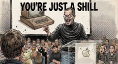A political cartoon depicting a Steve Jobs-like figure presenting a typewriter with the caption 'YOU'RE JUST A SHILL' to an audience.