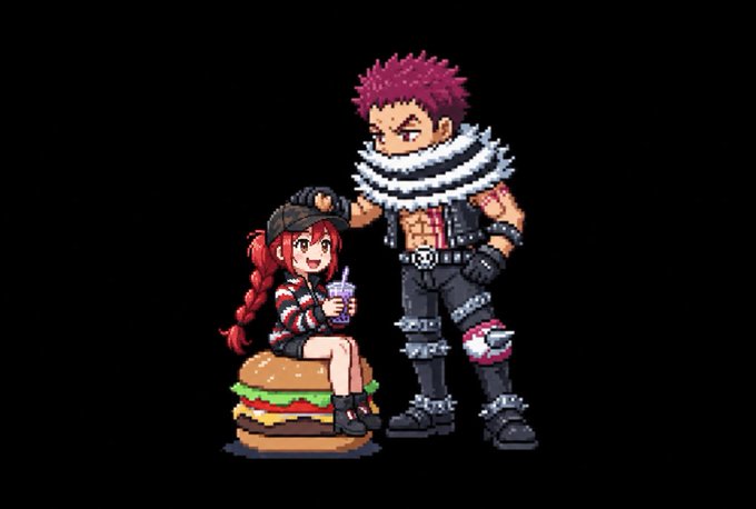 Pixel art illustration of two anime characters: a girl with red hair sitting on a giant hamburger holding a drink, and a muscular man with pink spiky hair in a striped scarf standing beside her.
