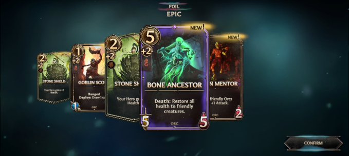 A promotional screenshot from "Might & Magic: Fates" on Immutable showcases a newly released Foil Epic "Bone Ancestor" card (5 mana, ORC) with the effect "Death: Restore all health to friendly creatures," flanked by other cards like "Stone Shield" and "Goblin Scout," with the caption highlighting its healing ability to revive allies on the battlefield.