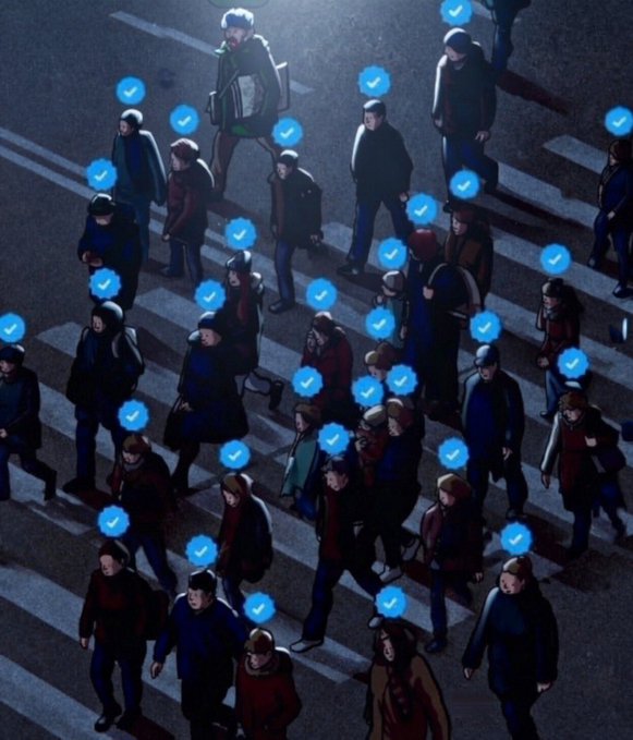 An illustration of a crowd of people walking on a crosswalk, with blue checkmark icons floating above each person, representing verified social media users.