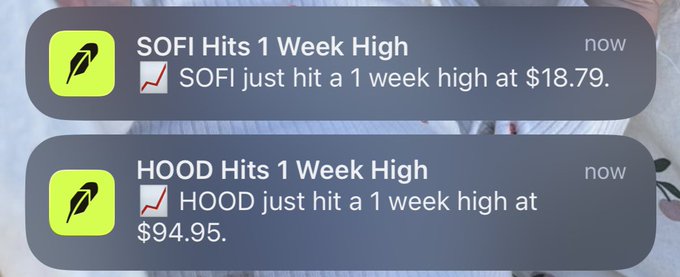 The image shows a phone screen displaying two separate Facebook messages related to stock trading. On one side, there's a message from the app "Sofi", which says "Hood Hits 1 Week High $99.95". This indicates that someone has recently used the app to purchase a hedge fund. The other side of the screen shows a note with a high chart for SOfi and another high chart for another hedge fund, indicating that these funds are currently at their peak performance.