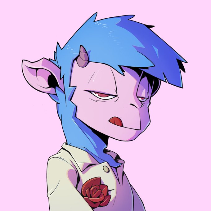 An illustration of a similar blue-haired, purple-skinned character with a small horn and pointed ears, wearing a white suit jacket with a red rose on the lapel, set against a pink background.