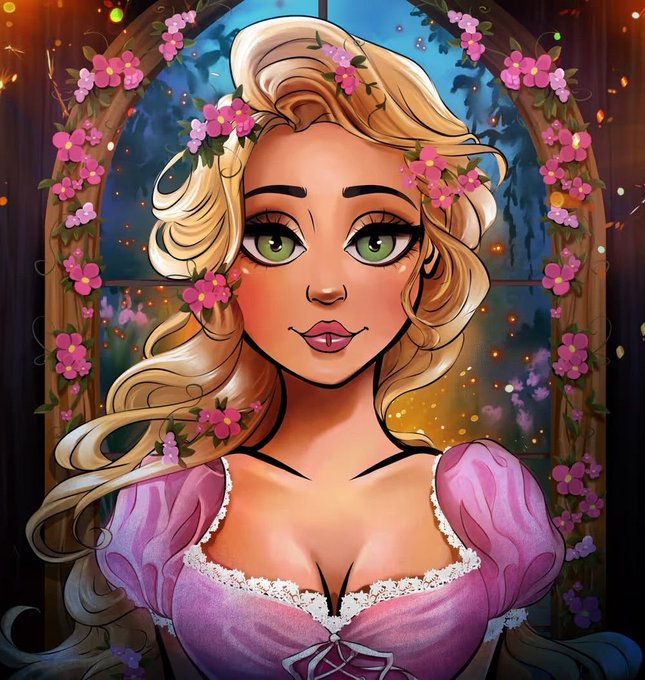 A digital illustration of a Disney-style princess with blonde curly hair, green eyes, and a pink off-shoulder dress, surrounded by pink flowers in an ornate arched window setting.