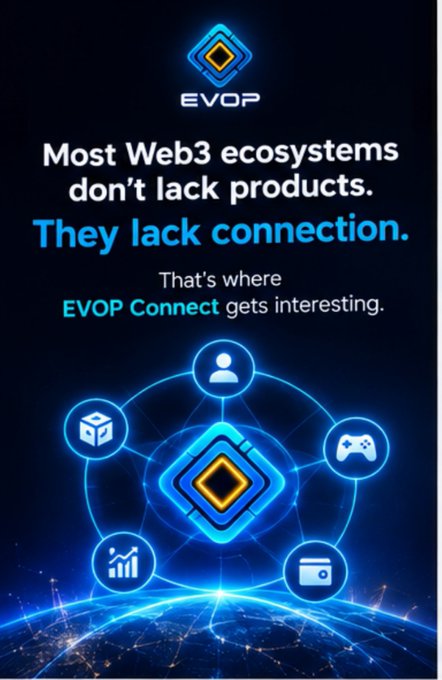 An EVOP promotional graphic stating 'Most Web3 ecosystems don't lack products. They lack connection. That's where EVOP Connect gets interesting.' with interconnected icons.