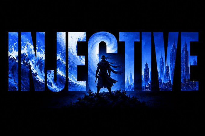 The image displays the word "INJECTIVE" in large, stylized blue letters filled with imagery of crashing waves, a futuristic cityscape, and a lone warrior figure standing on a hilltop beneath a swirling vortex, set against a black background. The dramatic artwork visually reinforces Injective's recent momentum—highlighting milestones like SEC Transfer Agent registration, MiCA whitepaper publication, the Mint Alpha launch, and partnerships with POSCO and LG CNS—portraying the project as a powerful force making bold strides in blockchain and asset tokenization.