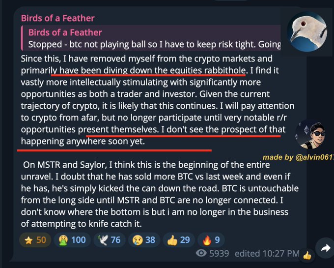 The image features a text-based post that reads "Birds of a Feather". A message from a person named Bryan is written at the end of this post, which seems to be about an event related to Bitcoin ETFs.