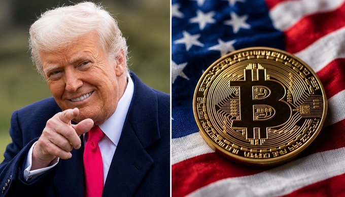 President Trump is featured next to a Bitcoin coin on an American flag, symbolizing a potential decision on the CLARITY Act crypto bill.