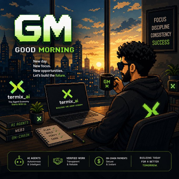 A pixel-art style promotional graphic for "termix_ai" reading "GM GOOD MORNING" and "The Agent Economy Starts With Us," featuring a man with a laptop and mug overlooking a cityscape at sunset.
