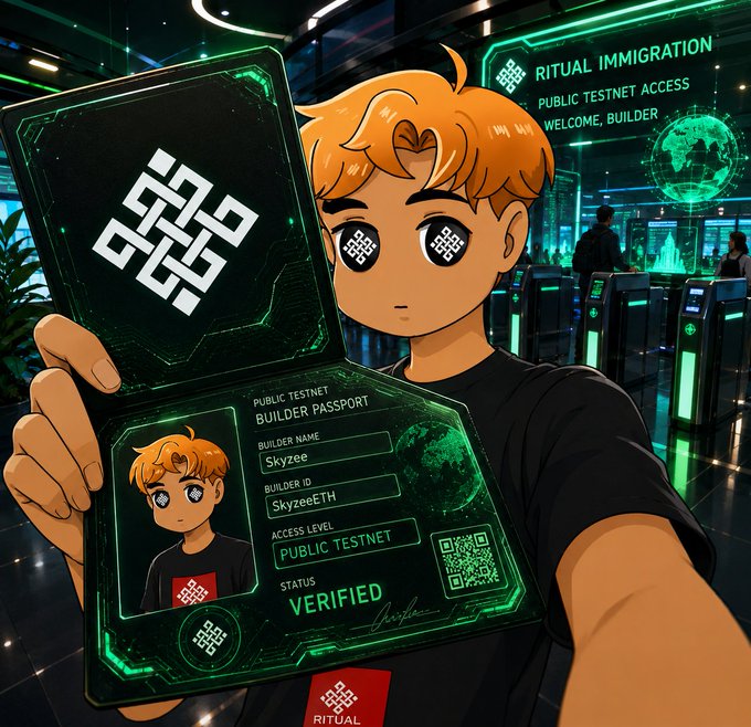An anime-style character holds up a digital "BUILDER PASSPORT" card displaying "Skyzee" with the ID "SkyzeeETH," a "PUBLIC TESTNET" access level, and "VERIFIED" status, set against a futuristic "RITUAL IMMIGRATION" checkpoint background reading "WELCOME, BUILDER."