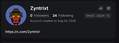 Profile page for X (Twitter) user 'Zyntrixt' with a pixel art cowboy avatar, showing 0 followers and 24 following, with the account created on Aug 24, 2026.
