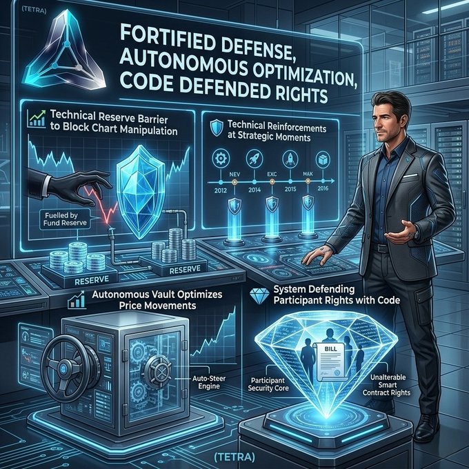 An infographic titled 'FORTIFIED DEFENSE, AUTONOMOUS OPTIMIZATION, CODE DEFENDED RIGHTS' featuring a businessman alongside diagrams of vaults, shields, and charts representing security and smart contract rights.