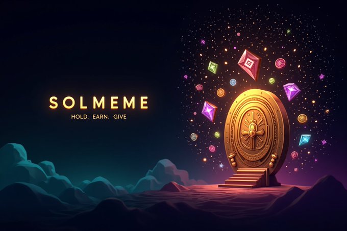 A golden vault door stands open amid a cosmic backdrop, releasing an explosion of colorful gemstone-like tokens and coins, accompanied by the text "SOLMEME — HOLD. EARN. GIVE." The imagery visually reinforces the post's message that holding combinations of past drops acts as a "key" to unlock the vault of rewards supporting real causes like children's welfare, education, and clean water.