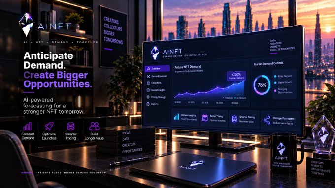 A promotional graphic for AINFT reads 'Anticipate Demand. Create Bigger Opportunities. AI-powered forecasting for a stronger NFT tomorrow,' featuring a futuristic dashboard with market demand data and analytics.