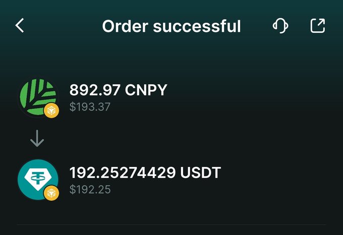 A screenshot of a successful crypto order confirmation showing a trade of 892.97 CNPY (~$193.37) exchanged for 192.25274429 USDT (~$192.25), which corresponds to the poster's receipt of approximately $192 worth of CNPY tokens.