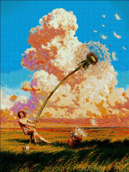 The image shows a pixelated/glitched artwork of a nude figure sitting in a grassy field while blowing on a massive dandelion, with seeds floating away into a bright blue sky filled with large clouds. This surreal scene illustrates the "epoch #19" post about pushing through to the final day of a 15-day drop, with the figure metaphorically dispersing dandelion seeds like completing the last stretch of a creative journey alongside partner artist MuhjuArt.