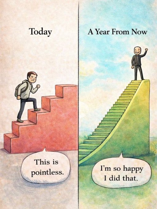 A motivational comic illustration comparing 'Today' where a man struggles climbing short red stairs saying 'This is pointless,' to 'A Year From Now' where he celebrates atop a tall green staircase saying 'I'm so happy I did that.'
