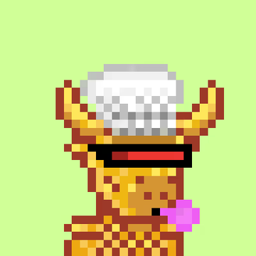 A pixel art character wearing a chef's hat with raised arms and holding a pink object, set against a green background. The image appears to be an NFT from one of the collections (possibly Bullies, Phrogs, HantaRats, MADUNIVERSE, or PrismJoltt) being gifted to @crypto_czar_eth.
