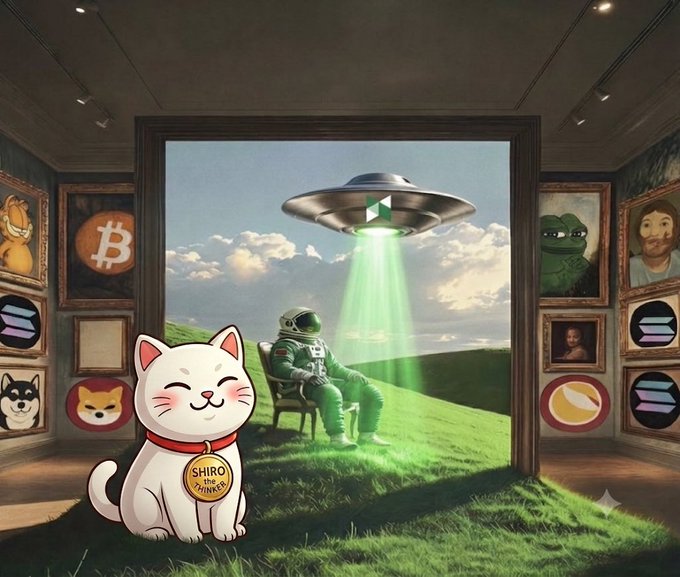 A surreal artwork of a smiling white cat wearing a 'SHIRO NO THINKER' tag in a gallery, with an astronaut being beamed up by a UFO through a window, surrounded by framed crypto-themed portraits including Bitcoin, Pepe, and Doge.