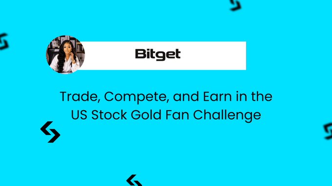A promotional graphic for Bitget invites users to "Trade, Compete, and Earn in the US Stock Gold Fan Challenge" against a teal background with a small profile photo of a woman.