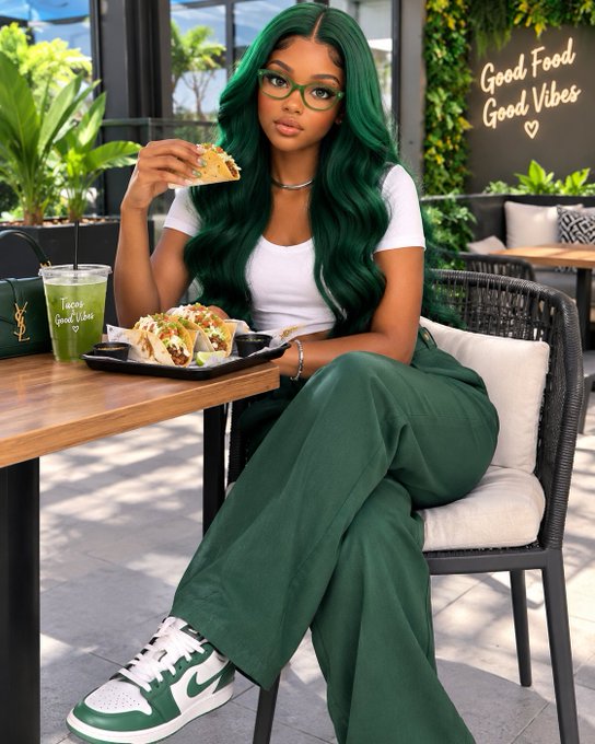A stylized image of a woman with long green hair and glasses sitting at an outdoor cafe table eating food, with a 'Good Food Good Vibes' sign visible behind her.