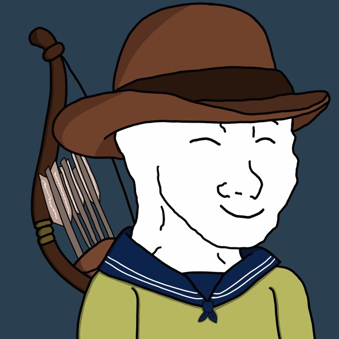 A drawing of a Wojak-style figure with a serene smile, wearing a brown bowler hat, a yellow shirt with a blue sailor collar, and carrying a bow and quiver of arrows on their back.