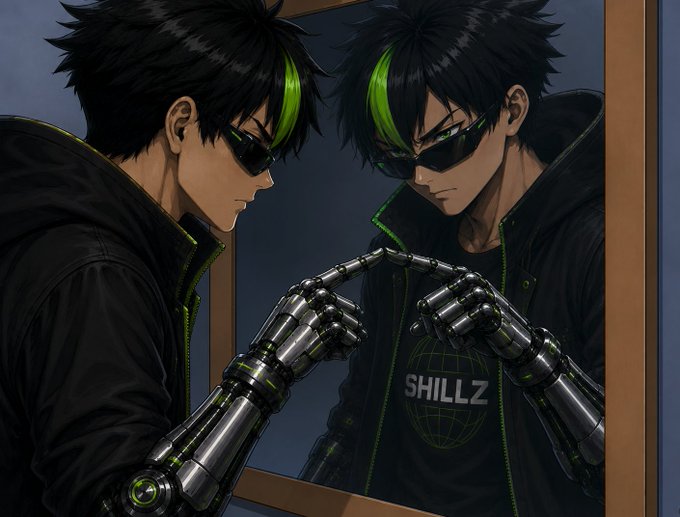 An anime-style illustration shows a black-haired character with a green streak, wearing dark sunglasses and a black jacket, while mirrored in a glass panel displaying two cybernetic hands meeting finger-to-finger with the text "SHILLZ" beneath a globe logo. The image visually references the @Shillz_Official platform mentioned in the post, symbolizing the creator's reflection and connection to the project being highlighted.