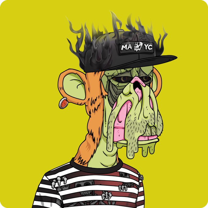 A cartoon illustration of a green-skinned zombie-like monkey with a melting face, wearing a black cap that says 'MA YC' and a black and white striped shirt, against a bright yellow background.