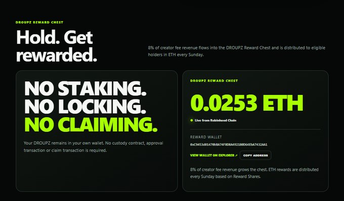 Promotional graphic for 'DROUPZ REWARD CHEST' stating 'Hold. Get rewarded. NO STAKING. NO LOCKING. NO CLAIMING.', showing a reward wallet balance of '0.0253 ETH' on the Robinhood Chain.
